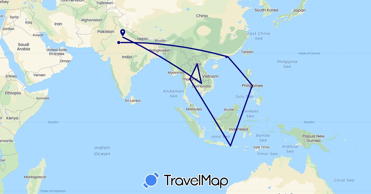 TravelMap itinerary: driving in China, Indonesia, India, Cambodia, Laos, Philippines, Thailand (Asia)